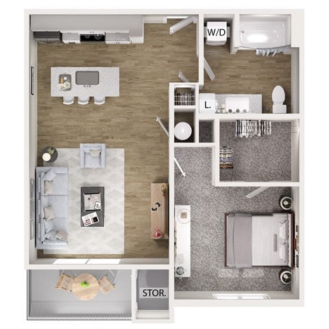 Floor plan for 1 bed, 1 bath, 714 sqft